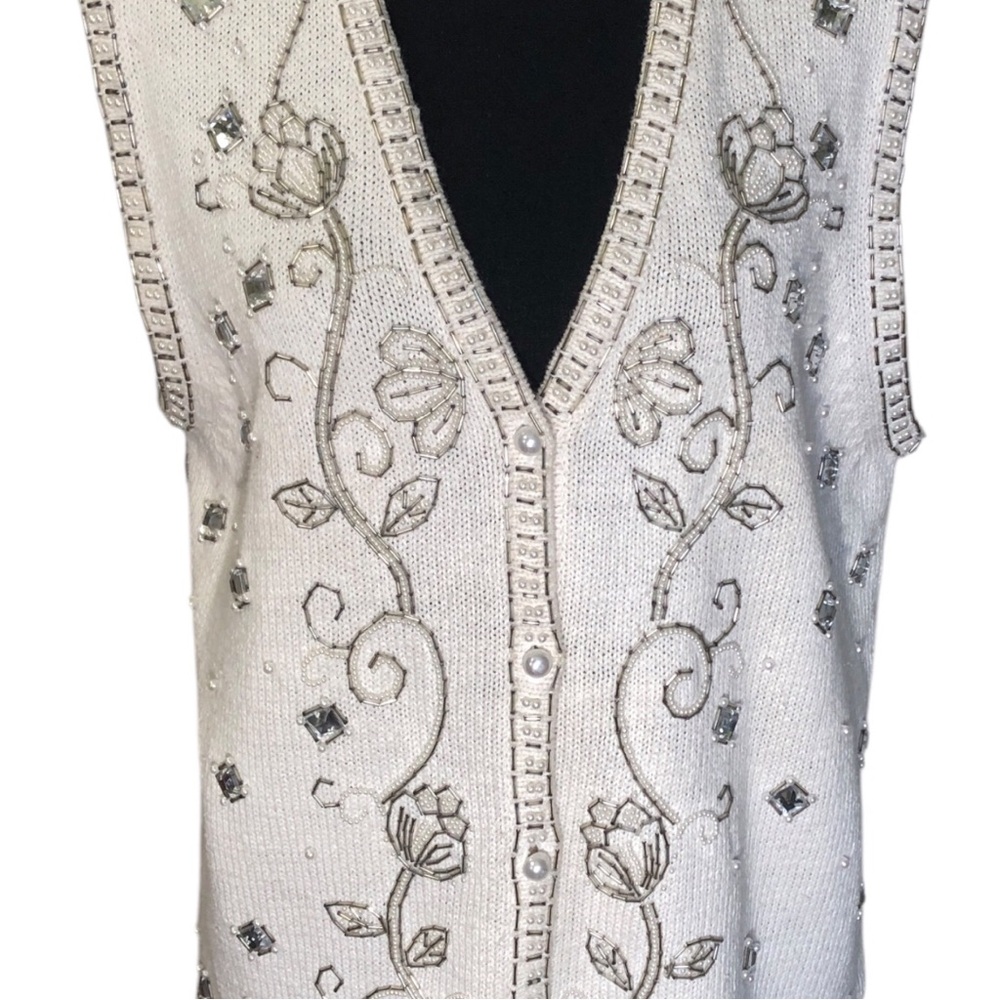 VTG Claudia D Vest Women L Sweater Ornate Pearl Jewel Embellish Bead Cottagecore